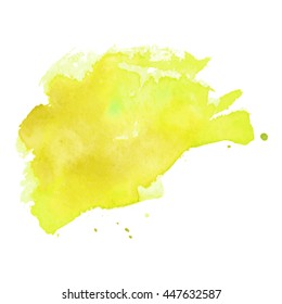 Expressive abstract watercolor stain with splashes and drops of yellow color. Design background for banner and flyers