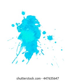 Expressive abstract watercolor stain with splashes and drops of blue color. Design background for banner and flyers