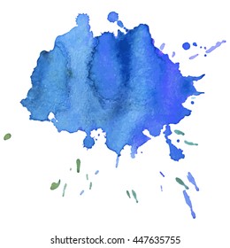 Expressive abstract watercolor stain with splashes and drops of sky blue color. Design background for banner and flyers
