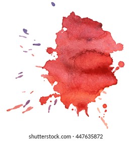 Expressive abstract watercolor stain with splashes and drops of red color. Design background for banner and flyers
