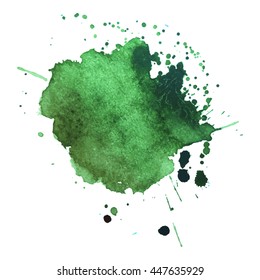 Expressive abstract watercolor stain with splashes and drops of green color. Design background for banner and flyers
