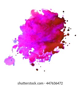 Expressive abstract watercolor stain with splashes and drops of pink color. Design background for banner and flyers