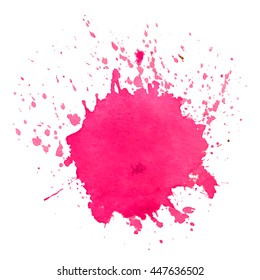 Expressive abstract watercolor stain with splashes and drops of pink color. Design background for banner and flyers