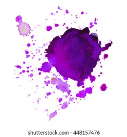 Expressive abstract watercolor stain with splashes and drops of deep violet color.