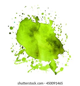 Mancha de acuarela abstracta expresiva con salpicaduras y gotas de color verde. Diseño de fondo para banners y volantes
