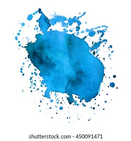 Expressive abstract watercolor stain with splashes and drops of aquamarine color. Design background for banner and flyers