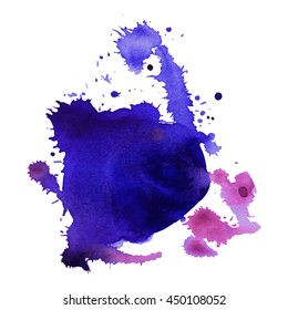 Expressive abstract watercolor stain with splashes and drops of blue purple color. Design background for banner and flyers