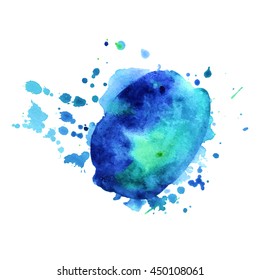 Expressive abstract watercolor stain with splashes and drops of blue color. Design background for banner and flyers
