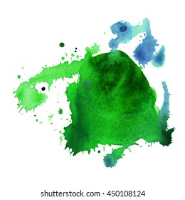 Expressive abstract watercolor stain with splashes and drops of green color. Design background for banner and flyers