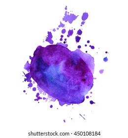 Expressive abstract watercolor stain with splashes and drops of blue purple color. Design background for banner and flyers