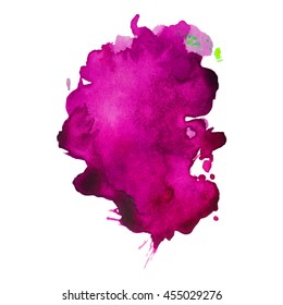 Expressive abstract watercolor stain with splashes and drops of blue purple color. Design background for banner and flyers