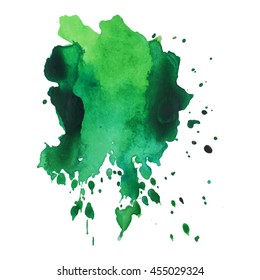 Expressive abstract watercolor stain with splashes and drops of green color. Design background for banner and flyers