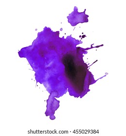 Expressive abstract watercolor stain with splashes and drops of purple color. Design background for banner and flyers