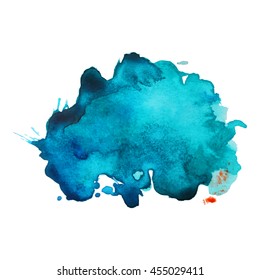 Expressive abstract watercolor stain with splashes and drops of blue color. Design background for banner and flyers