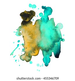 Expressive abstract watercolor stain with splashes and drops of multicolor. Design background for banner and flyers
