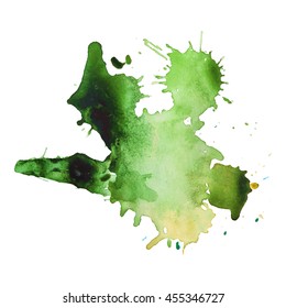 Expressive abstract watercolor stain with splashes and drops of green color. Design background for banner and flyers