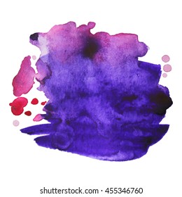 Expressive abstract watercolor stain with splashes and drops of violet purple color. Design background for banner and flyers