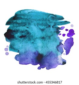 Expressive abstract watercolor stain with splashes and drops of blue violet color. Design background for banner and flyers