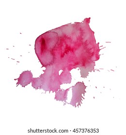 Expressive abstract watercolor stain with splashes and drops of pink color.