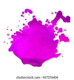 Expressive abstract watercolor stain with splashes and drops of bright purple color.