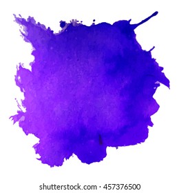 Expressive abstract watercolor stain with splashes and drops of bright violet color.