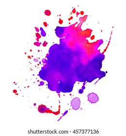 Expressive abstract watercolor stain with splashes and drops of violet purple color. Design background for banner and flyers