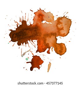 Expressive abstract watercolor stain with splashes and drops of dirty rusty orange color. Design background for banner and flyers