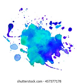 Expressive abstract watercolor stain with splashes and drops of sky blue color. Design background for banner and flyers
