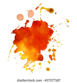 Expressive abstract watercolor stain with splashes and drops of red orange color. Design background for banner and flyers