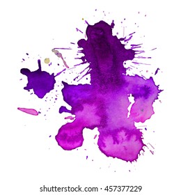 Expressive abstract watercolor stain with splashes and drops of violet purple color. Design background for banner and flyers