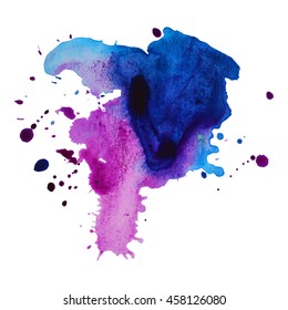 Expressive abstract watercolor stain with splashes and drops multicolor.