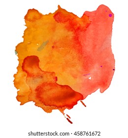 Expressive abstract watercolor stain with splashes and drops of yellow orange color.