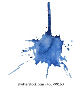 Expressive abstract watercolor stain with splashes and drops of blue color.