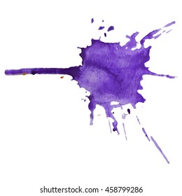 Expressive abstract watercolor stain with splashes and drops of violet color.