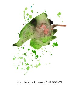Expressive abstract watercolor stain with splashes and drops of green color.