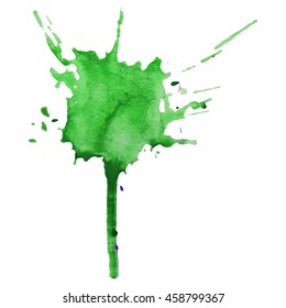 Expressive abstract watercolor stain with splashes and drops of green color.