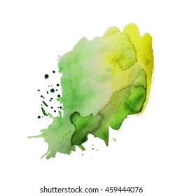 Expressive abstract watercolor stain with splashes and drops of green yellow color.