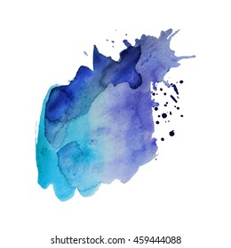 Expressive abstract watercolor stain with splashes and drops of blue violet color.