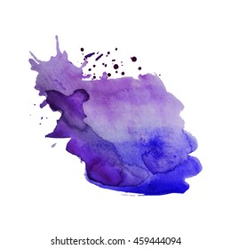 Expressive abstract watercolor stain with splashes and drops of violet color.