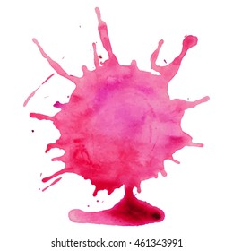 Expressive abstract watercolor stain with splashes and drops of bright pink color.