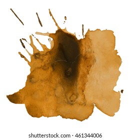 Expressive abstract watercolor stain with splashes and drops of ocher color.