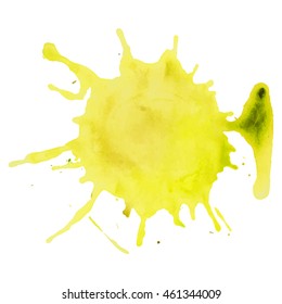 Expressive abstract watercolor stain with splashes and drops of bright yellow color.
