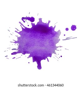 Expressive abstract watercolor stain with splashes and drops of dark violet color.