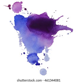 Expressive abstract watercolor stain with splashes and drops of dark blue violet color.