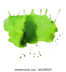 Expressive abstract watercolor stain with splashes and drops of bright green color.