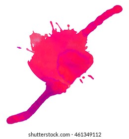 Expressive abstract watercolor stain with splashes and drops of bright pink color.