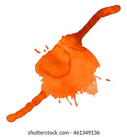 Expressive abstract watercolor stain with splashes and drops of bright orange color.