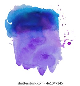 Expressive abstract watercolor stain with splashes and drops of dark blue violet color.