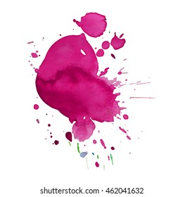 Expressive abstract watercolor stain with splashes and drops of bright pink color.