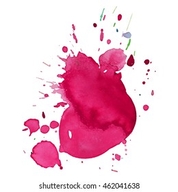 Expressive abstract watercolor stain with splashes and drops of bright pink color.